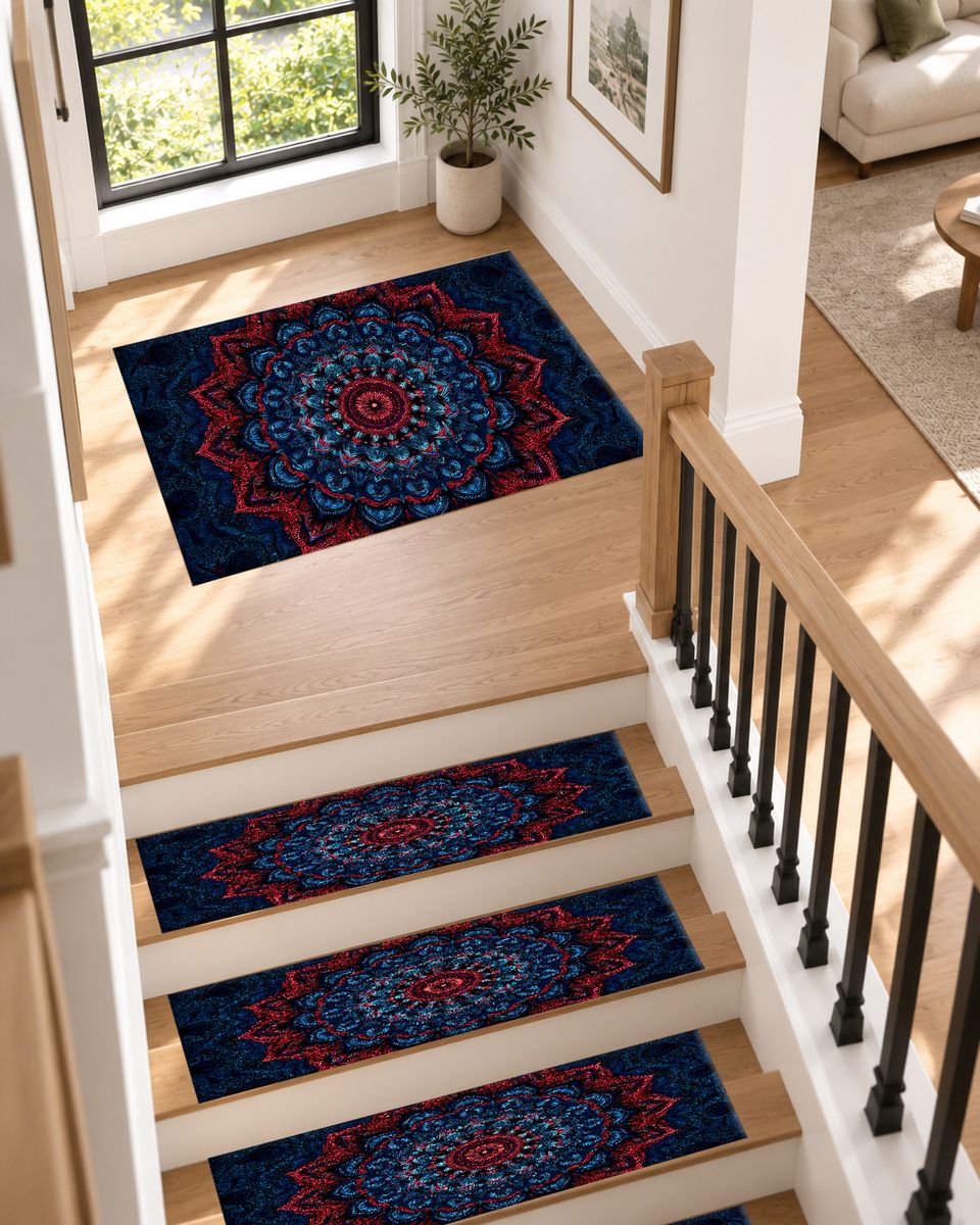 Navy and Red Ornate Mandala non-slip stair mat
