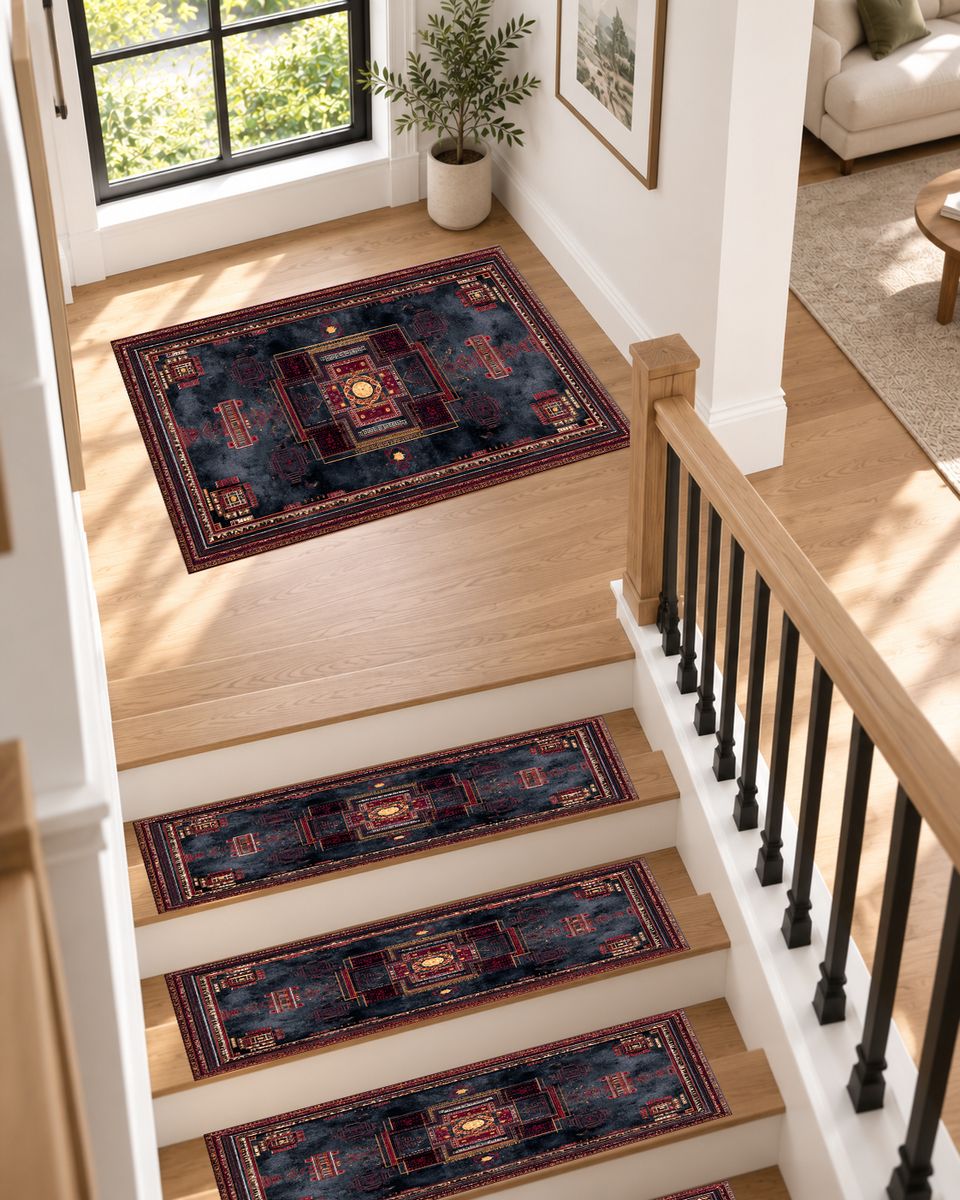 Charcoal and Burgundy Tribal Medallion non-slip stair mat