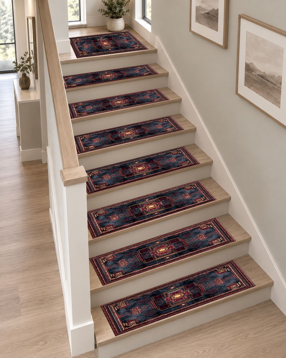 Charcoal and Burgundy Tribal Medallion non-slip stair mat