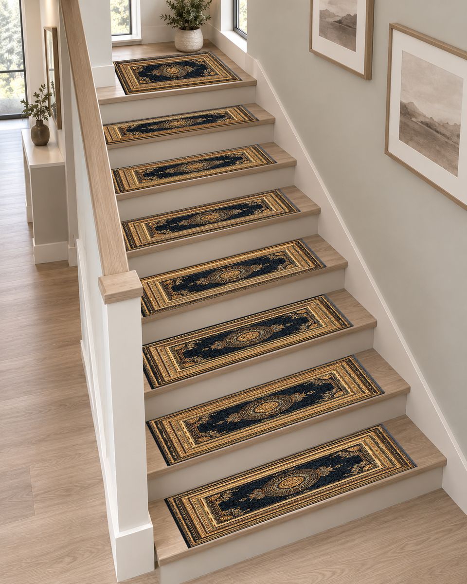 Black and Gold Framed Medallion non-slip stair mat