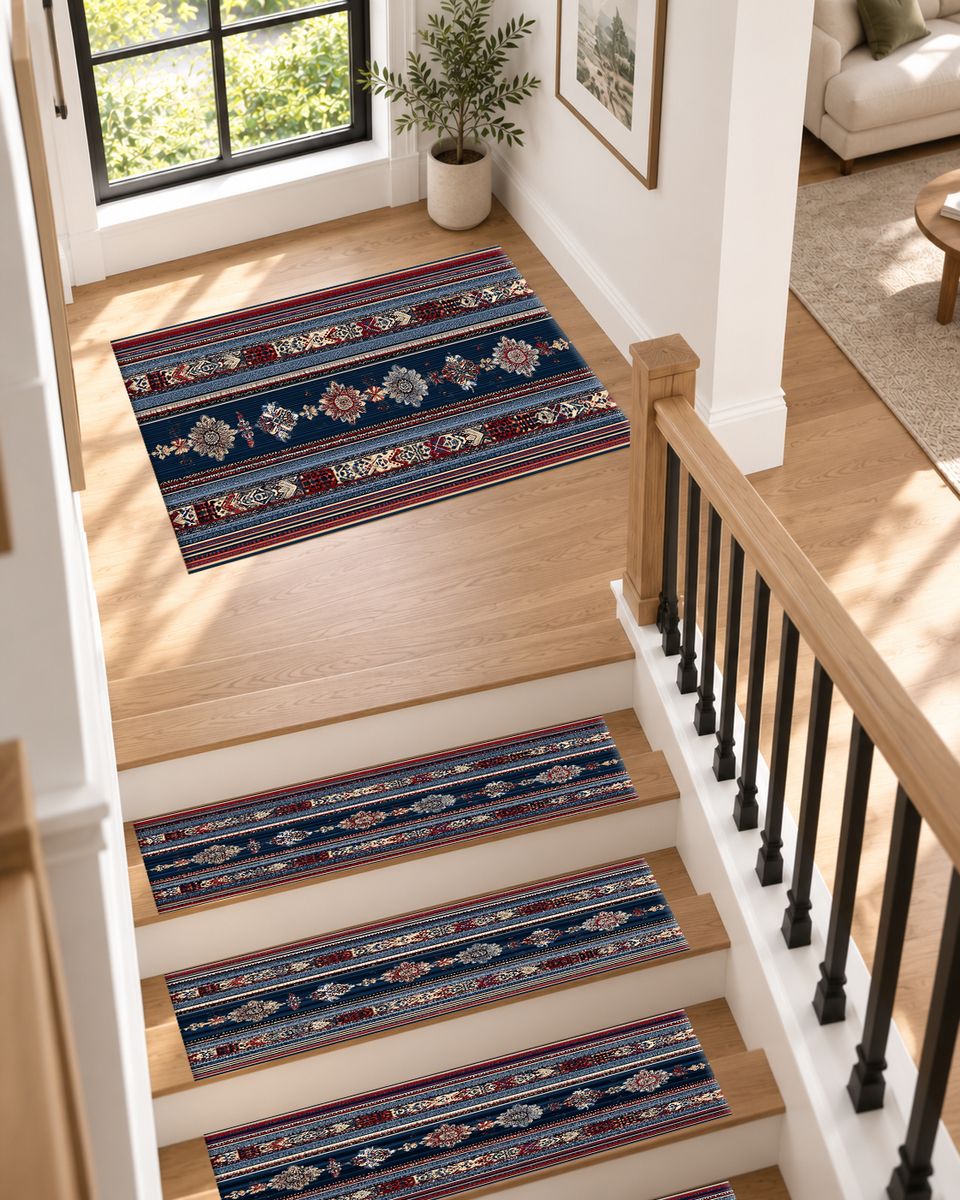 Blue and Red Striped Ornamental Runner non-slip stair mat