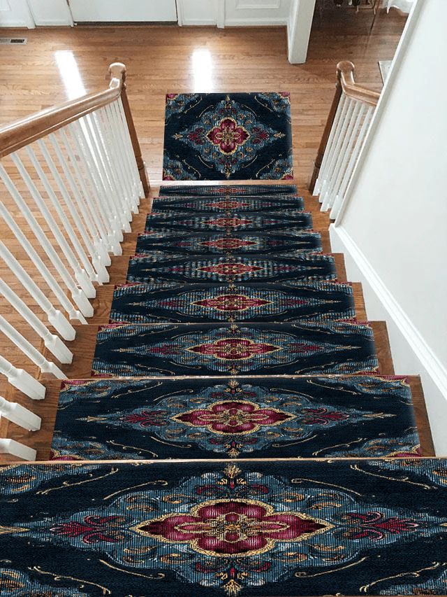 Navy and Magenta Baroque Medallion non-slip stair mat