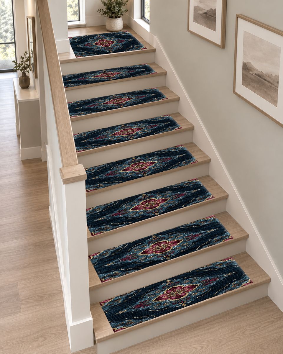 Navy and Magenta Baroque Medallion non-slip stair mat