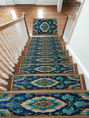Turquoise and Gold Ornate Medallion Stair Treads, Non-Slip Stair Mat Set
