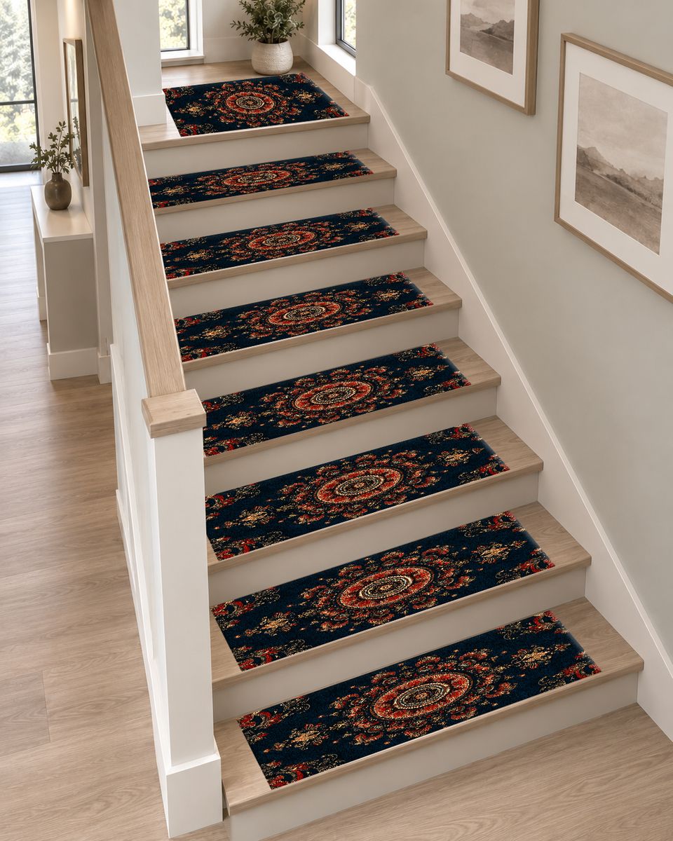 Black and Rust Ornate Medallion non-slip stair mat