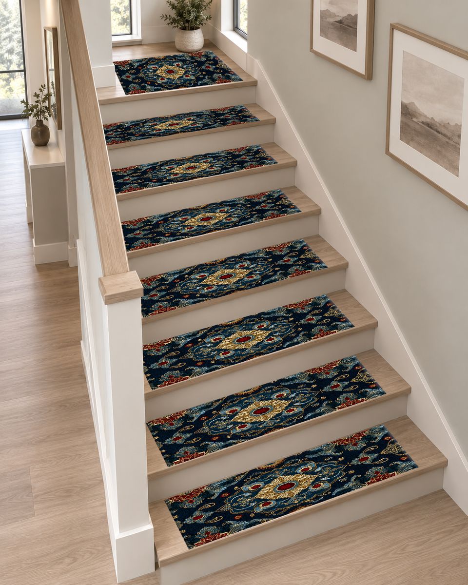 Navy and Gold Jeweled Medallion non-slip stair mat