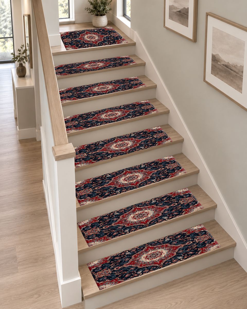 Red and Navy Floral Persian Medallion non-slip stair mat