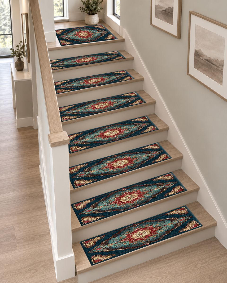 Teal and Coral Vintage Medallion non-slip stair mat