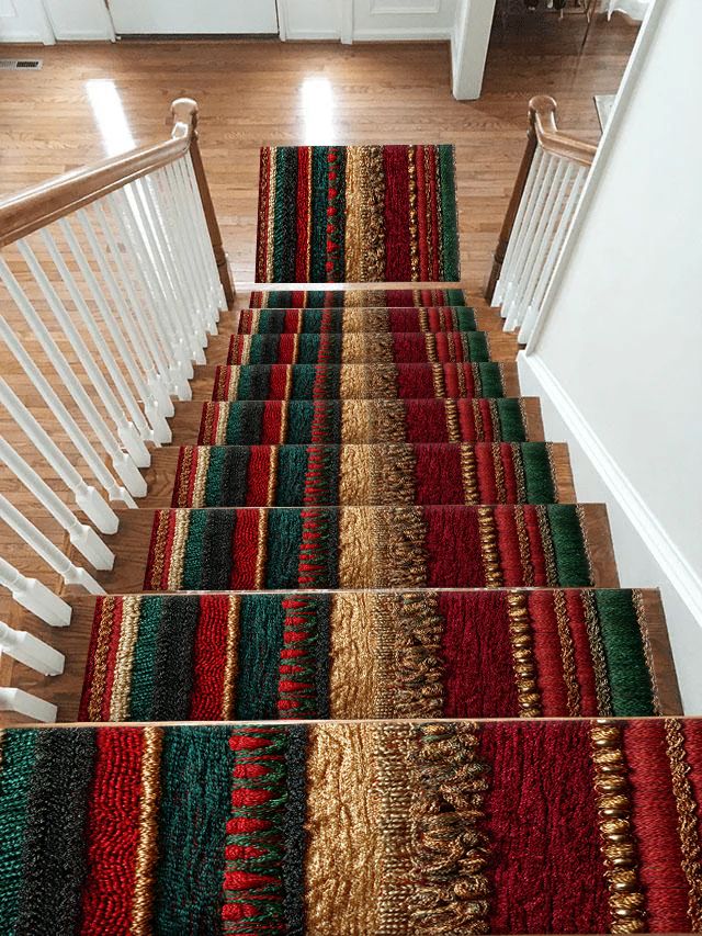 Red Green and Gold Striped Woven non-slip stair mat