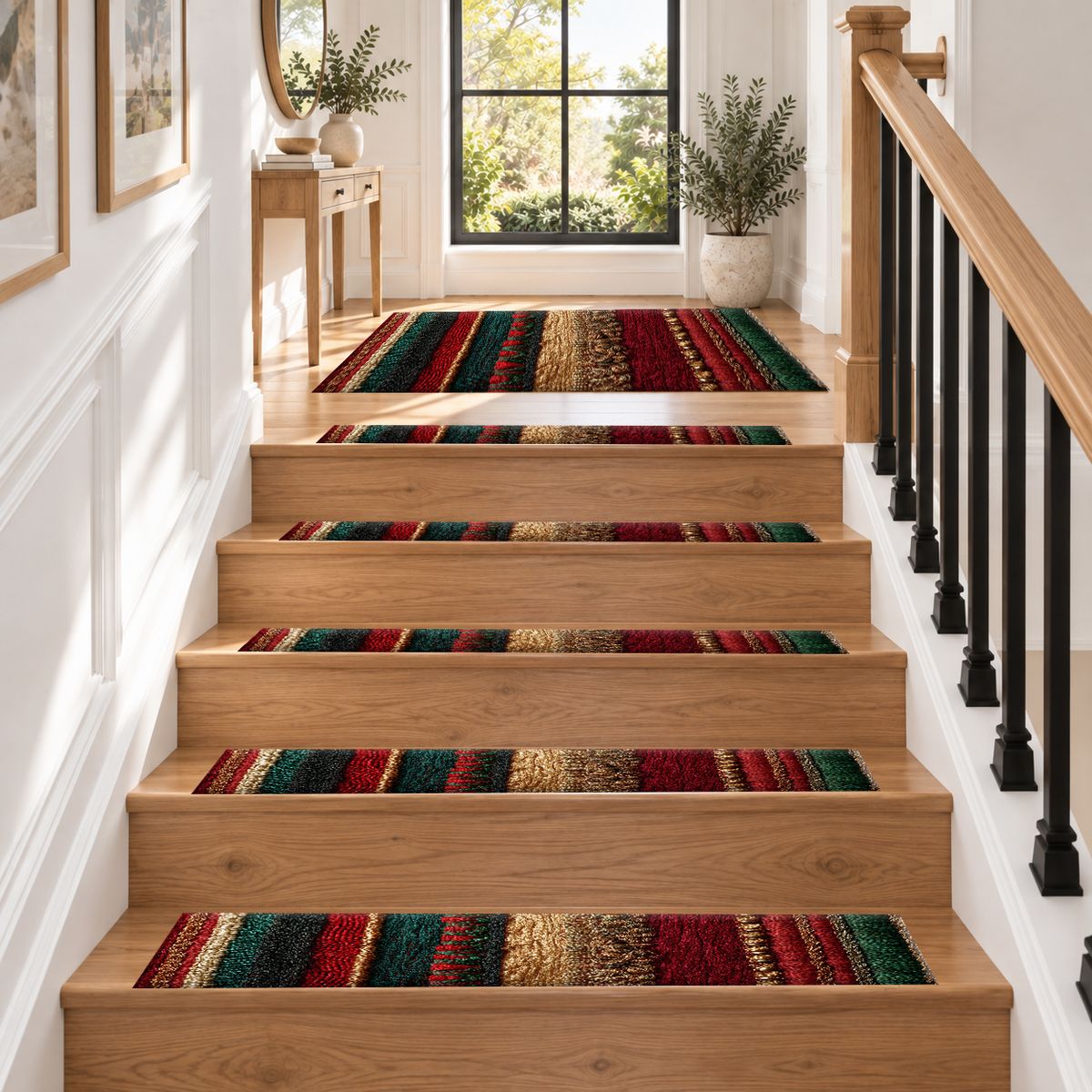 Red Green and Gold Striped Woven non-slip stair mat