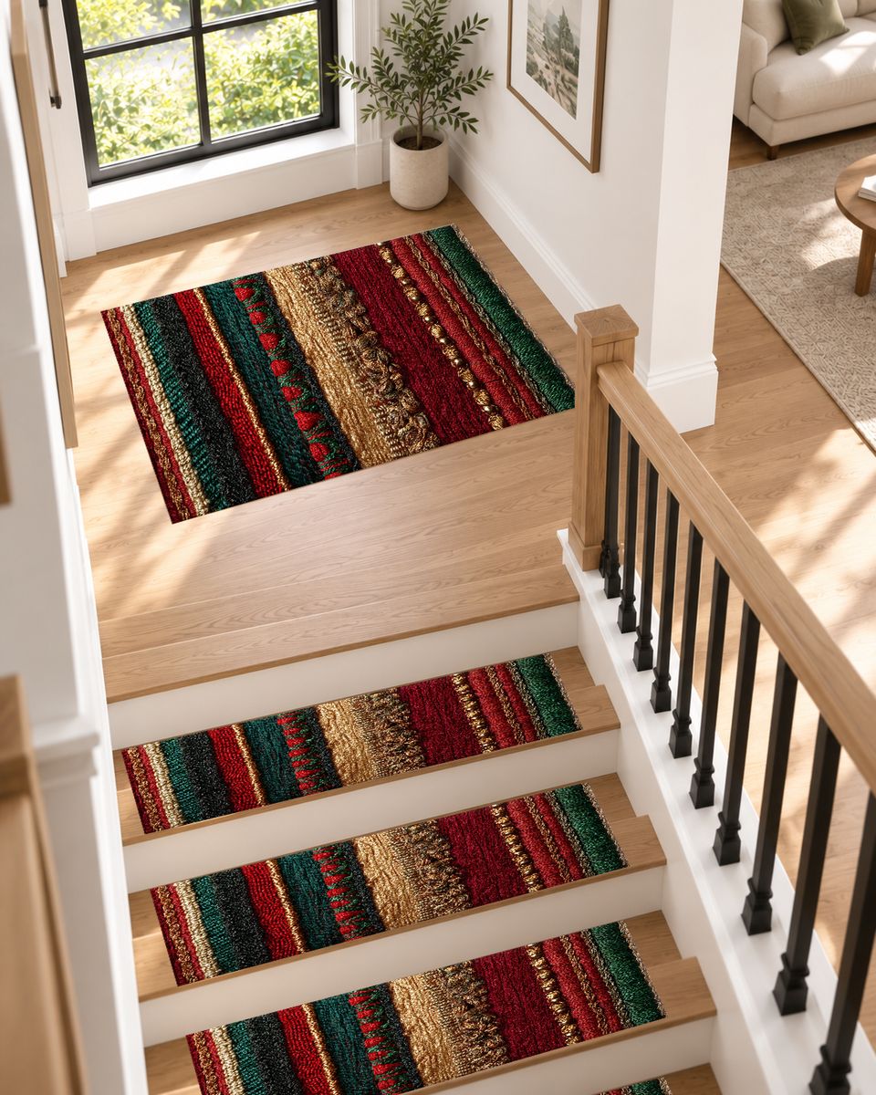 Red Green and Gold Striped Woven non-slip stair mat
