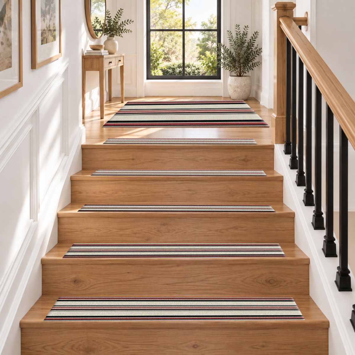 Cream Red and Black Striped non-slip stair mat