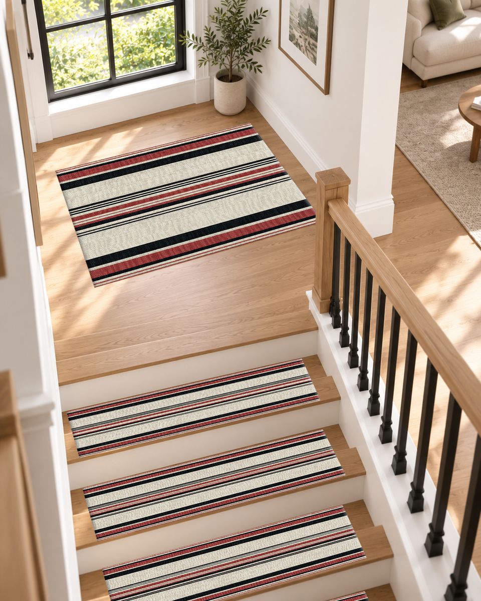Cream Red and Black Striped non-slip stair mat