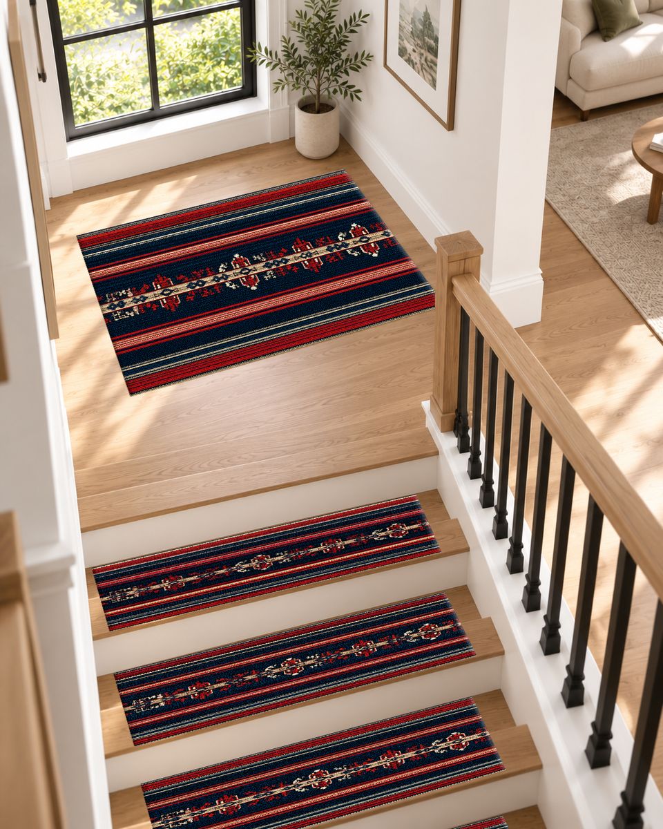 Navy and Red Striped Ethnic Runner non-slip stair mat