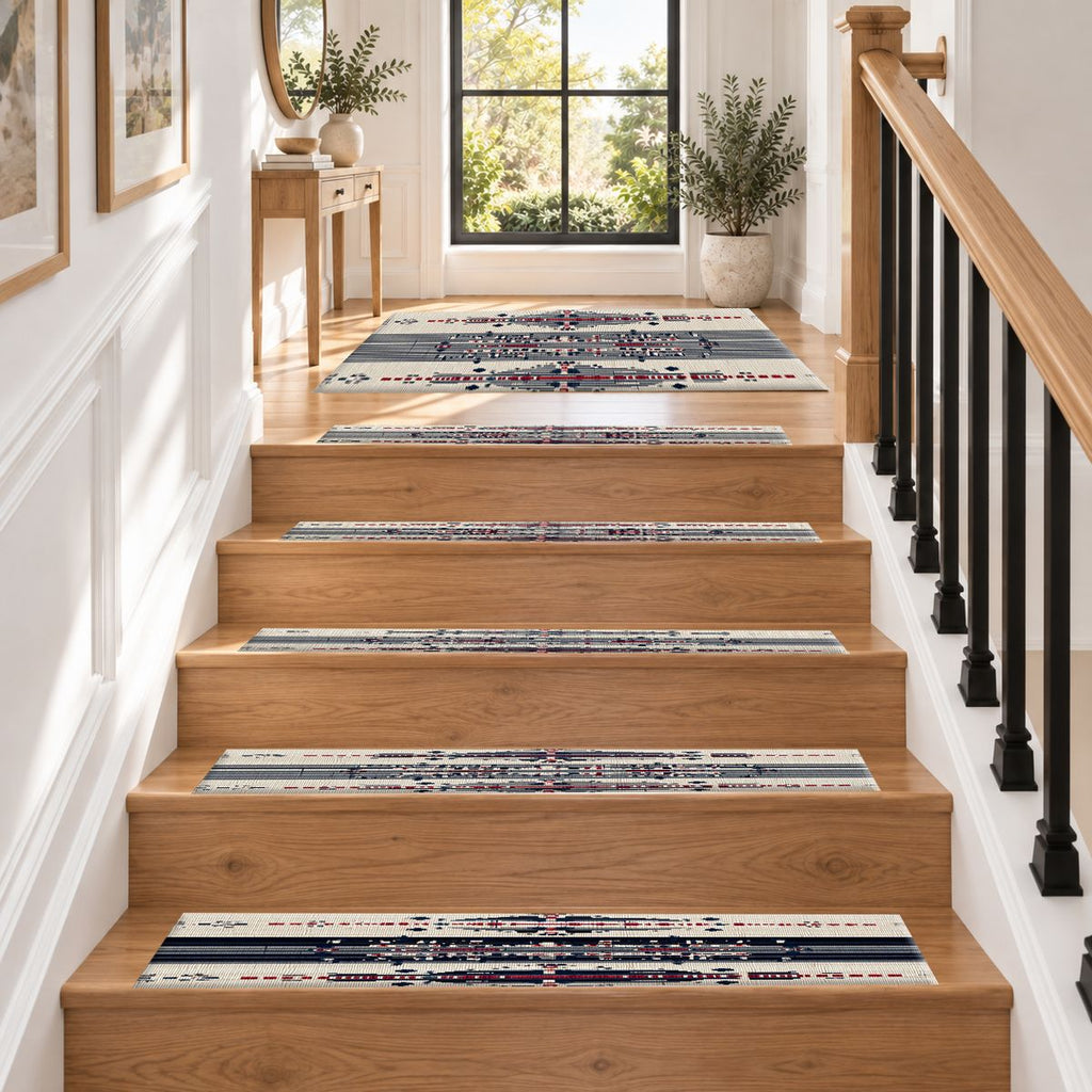 Cream Navy and Red Tribal Motif non-slip stair mat