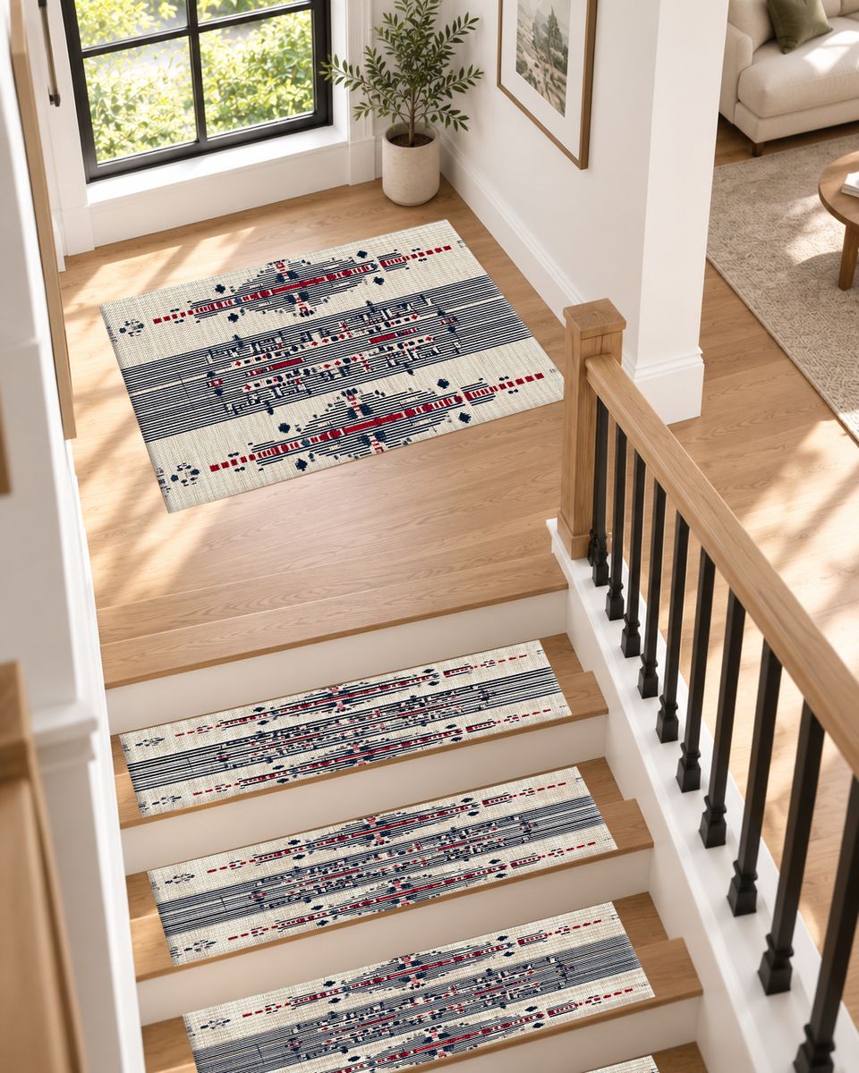 Cream Navy and Red Tribal Motif non-slip stair mat