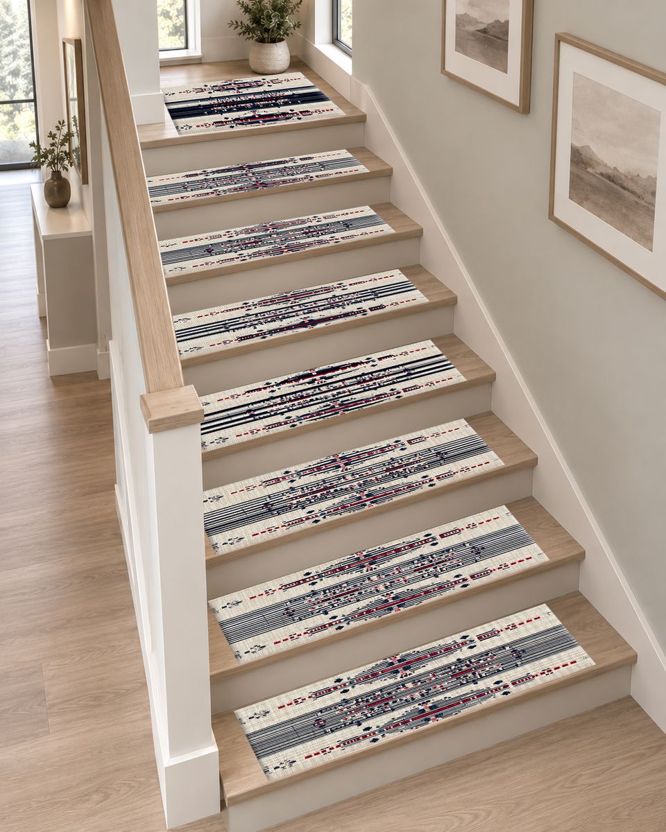 Cream Navy and Red Tribal Motif non-slip stair mat