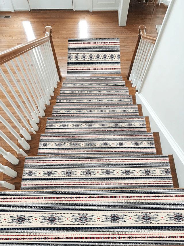 Navy and White Striped Folk non-slip stair mat