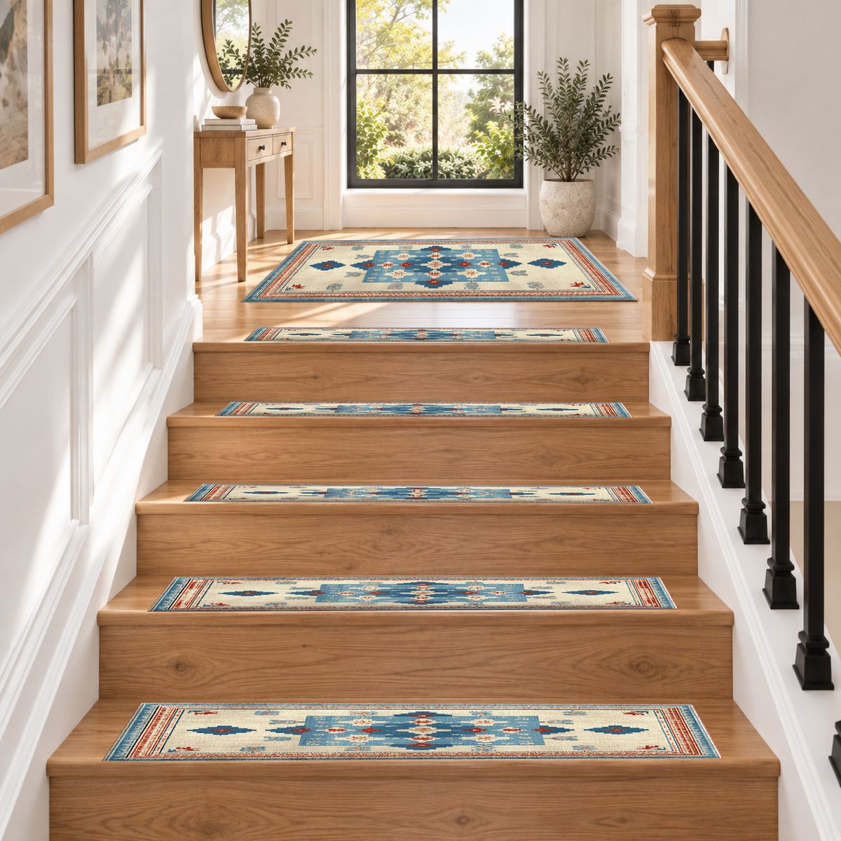 Light Blue and Cream Anatolian Kilim non-slip stair mat