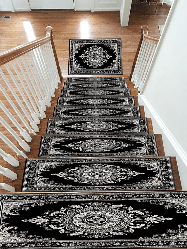 Black and White Damask Medallion non-slip stair mat