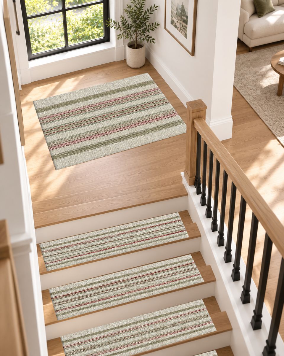 Sage and Beige Pinstripe non-slip stair mat