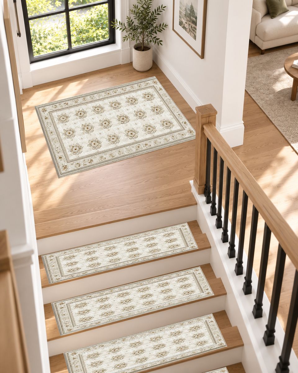 Cream Trellis Medallion Grid non-slip stair mat