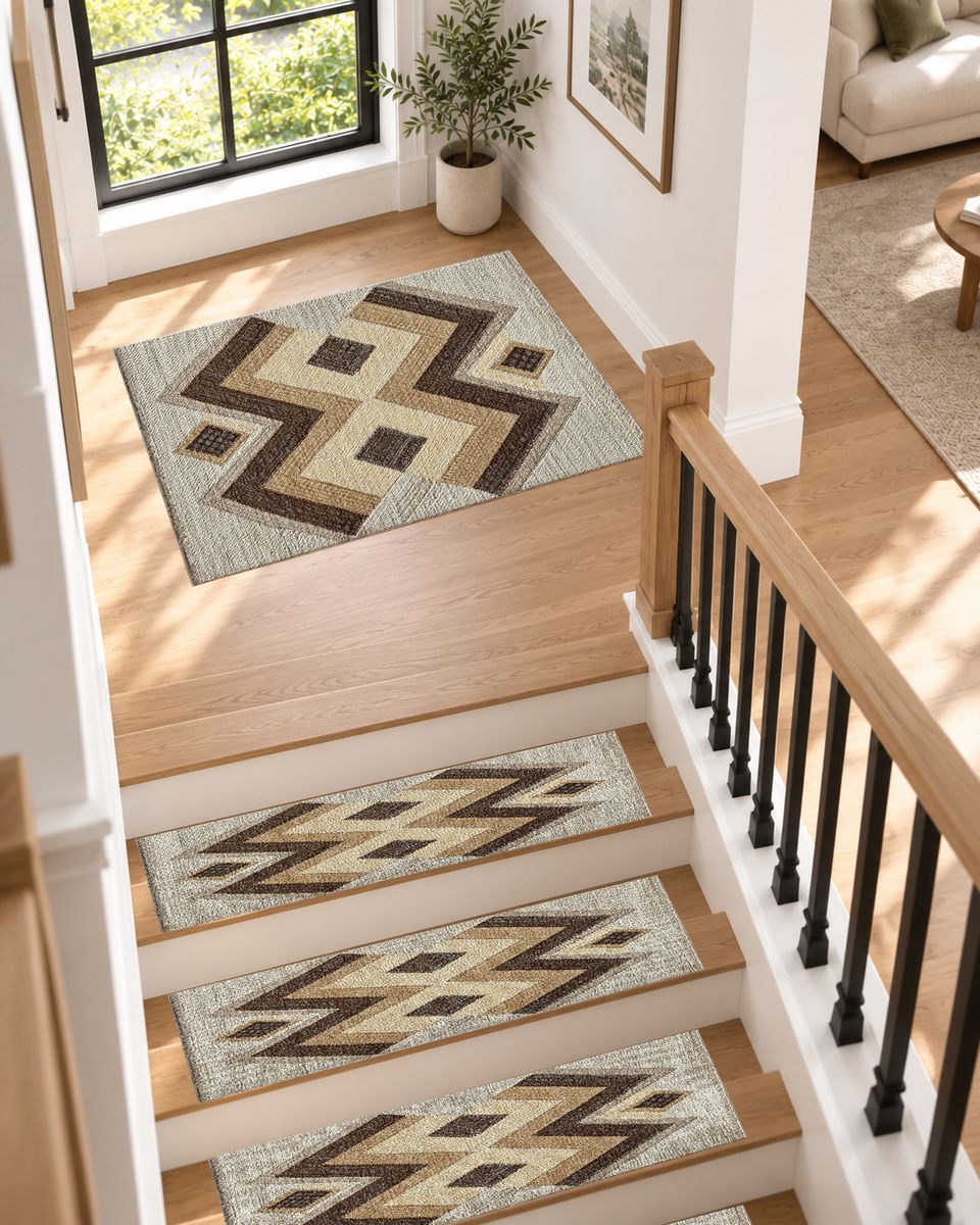 Brown and Beige Geometric Kilim non-slip stair mat