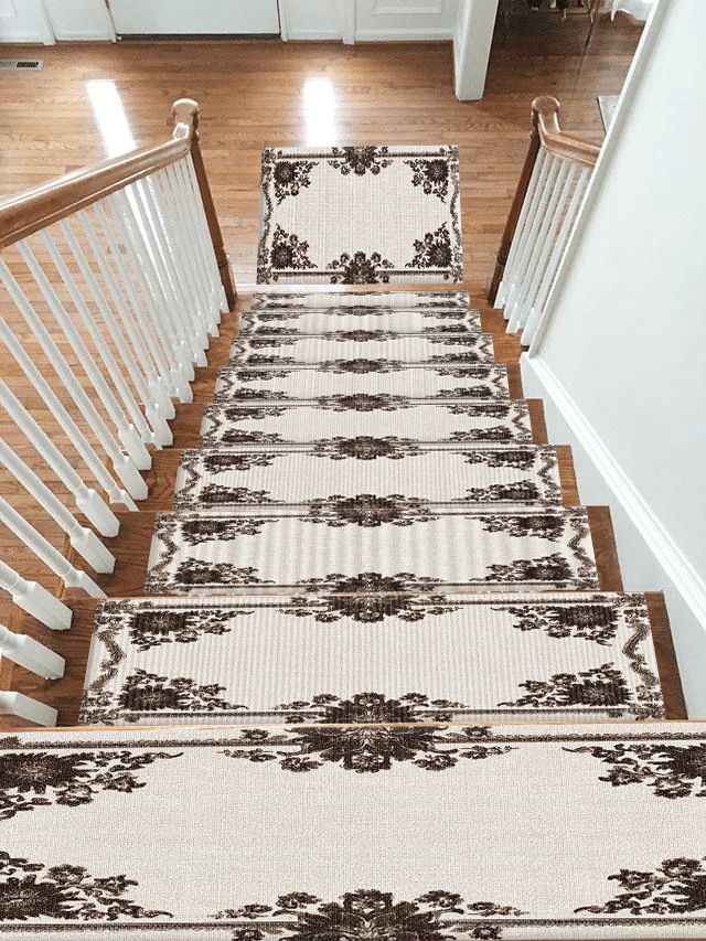Ivory and Brown Floral Border non-slip stair mat