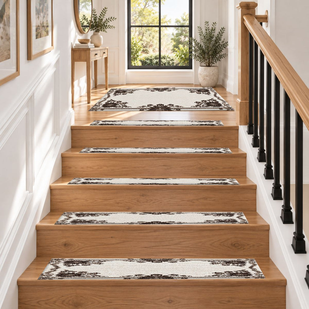 Ivory and Brown Floral Border non-slip stair mat