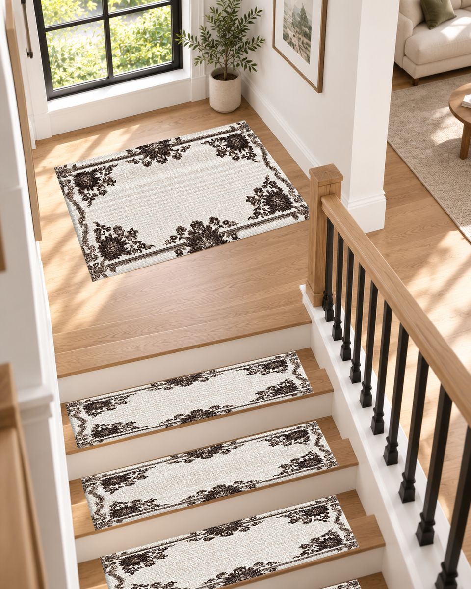 Ivory and Brown Floral Border non-slip stair mat