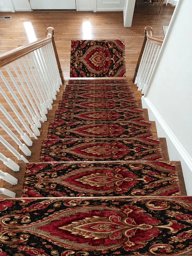 Burgundy and Gold Baroque Damask non-slip stair mat