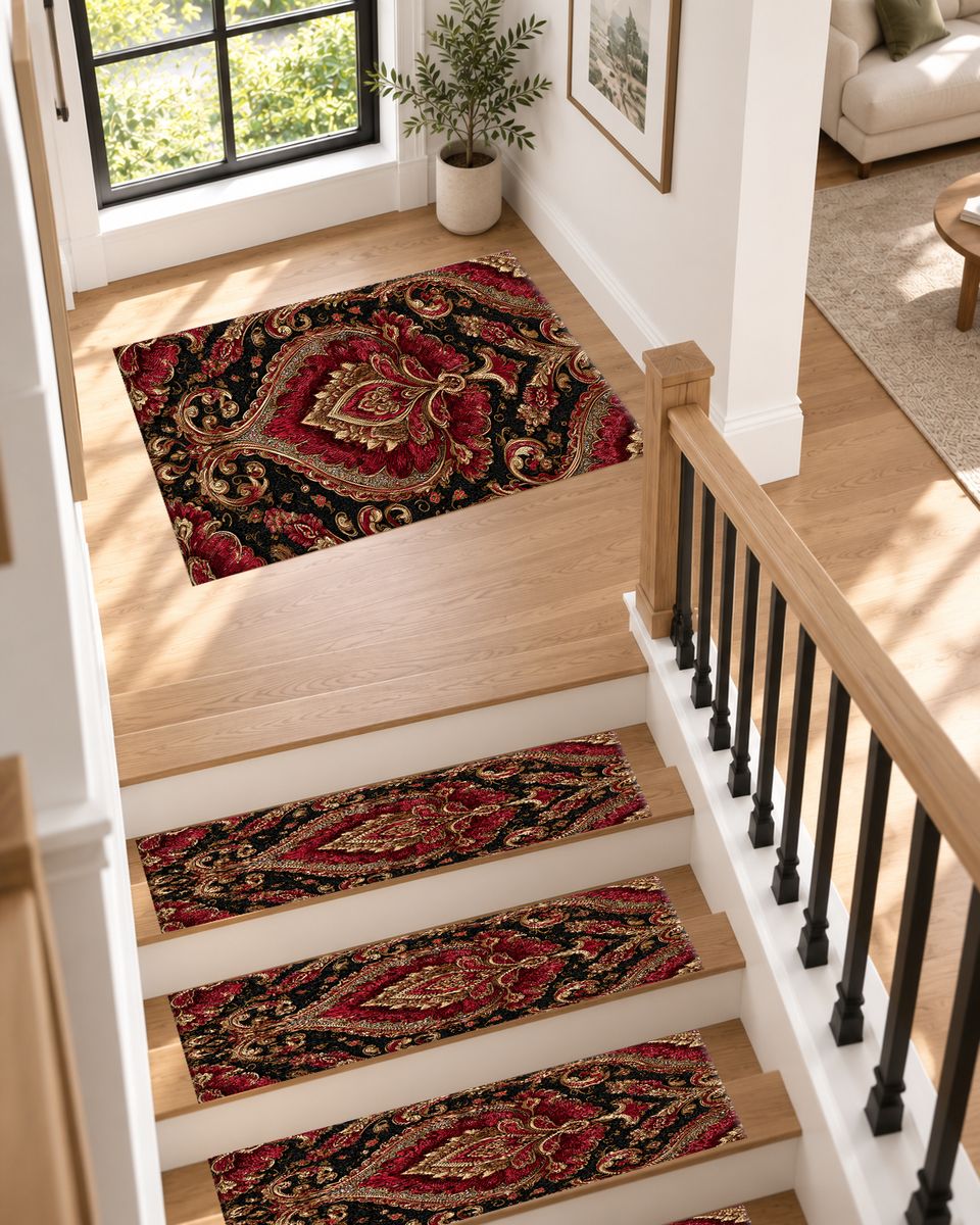 Burgundy and Gold Baroque Damask non-slip stair mat