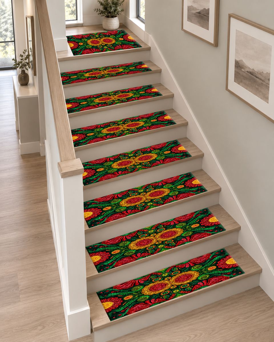 Green and Red Sunflower Folk Art non-slip stair mat