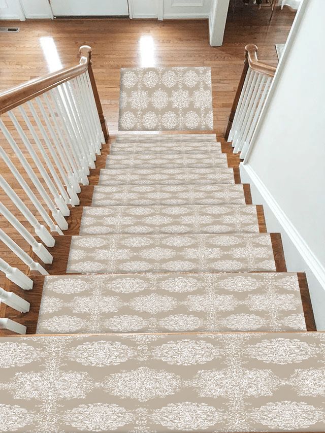 Taupe Tonal Damask non-slip stair mat