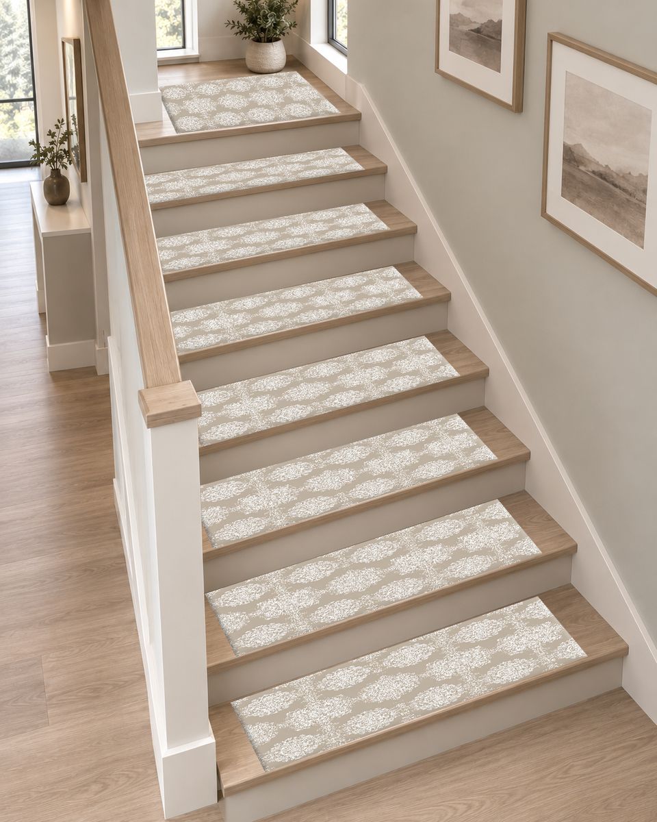 Taupe Tonal Damask non-slip stair mat