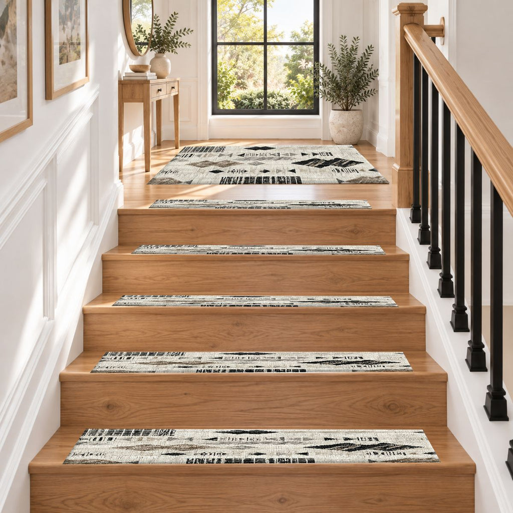 Cream and Black Abstract Ikat non-slip stair mat