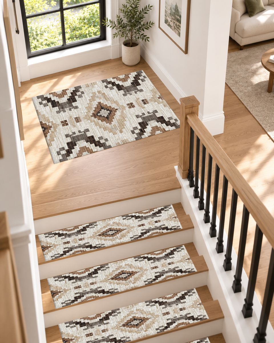Cream and Brown Aztec Pattern non-slip stair mat