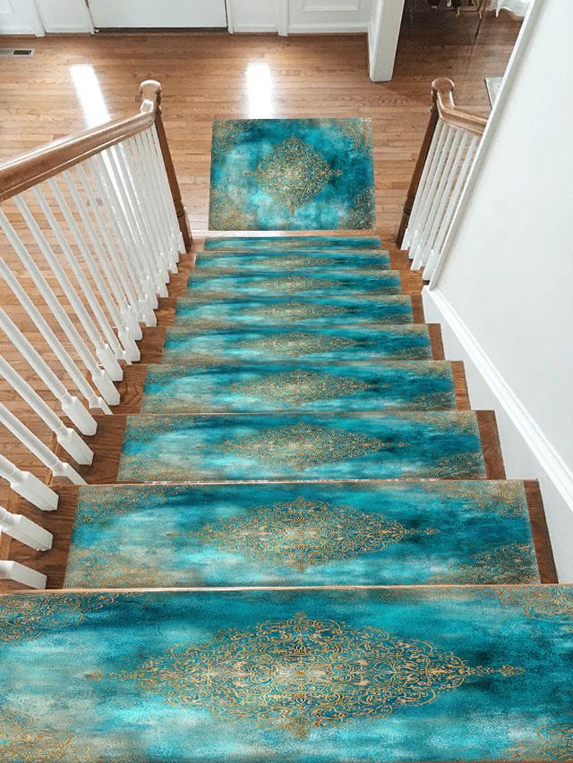 Turquoise Watercolor Gold Medallion non-slip stair mat