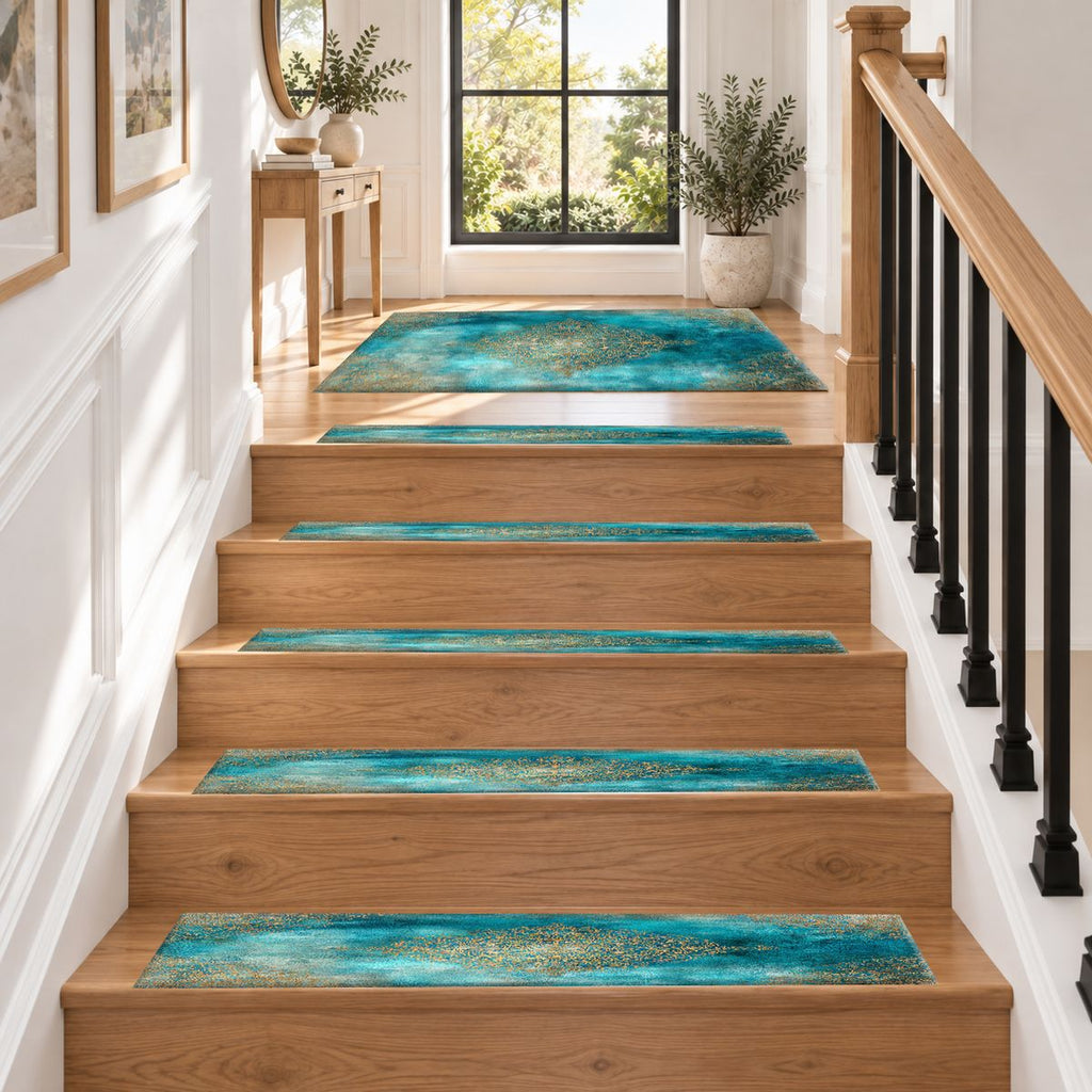 Turquoise Watercolor Gold Medallion non-slip stair mat