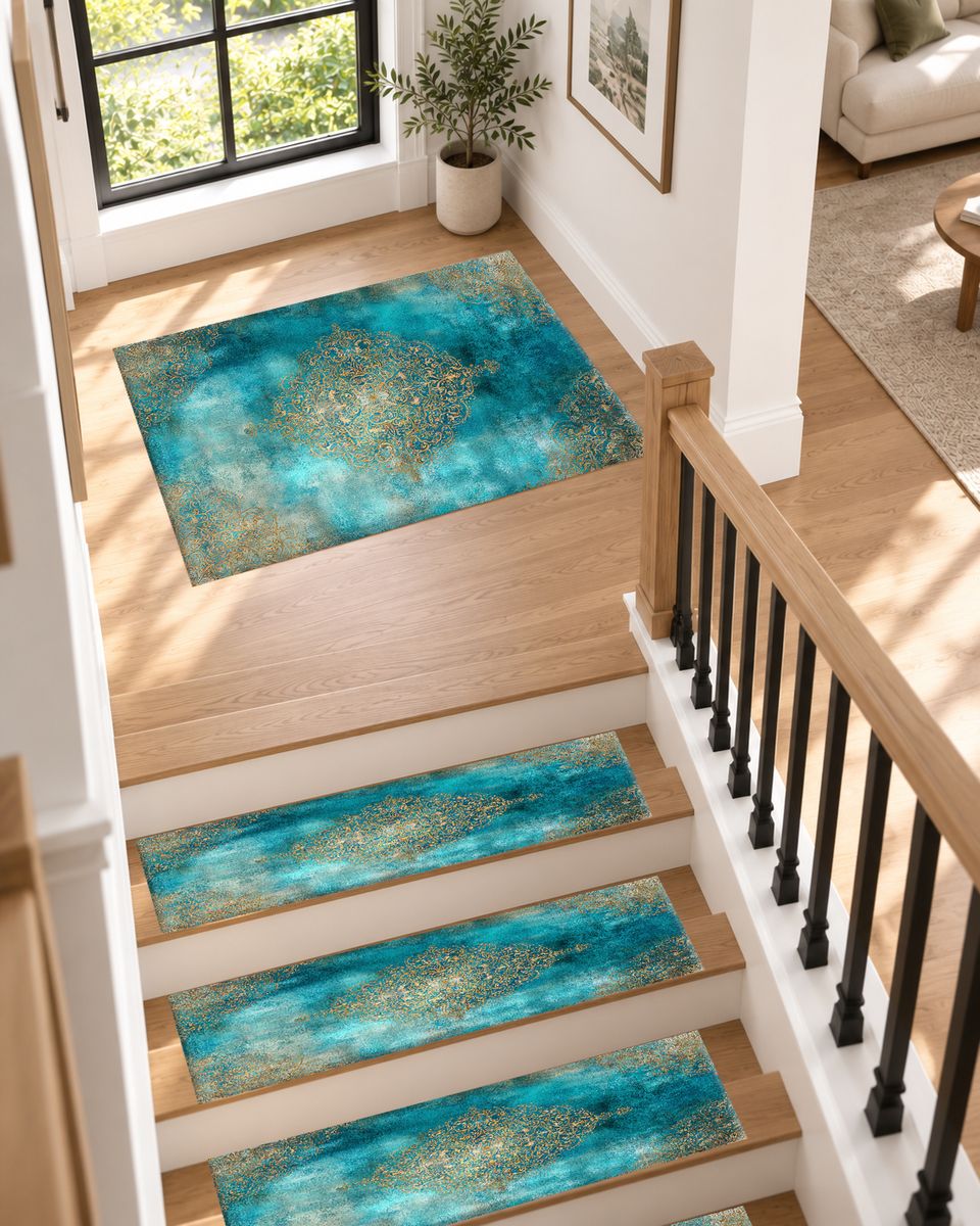 Turquoise Watercolor Gold Medallion non-slip stair mat