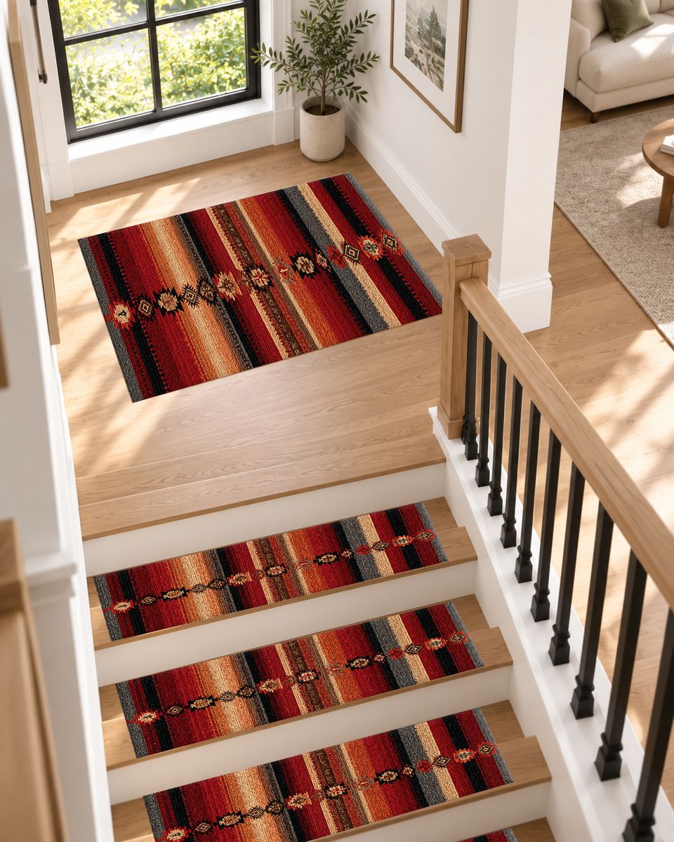 Red and Black Southwestern Striped non-slip stair mat