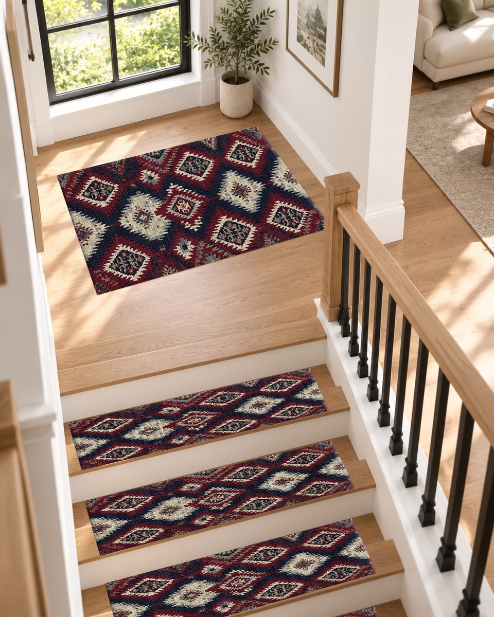 Red and Navy Tribal Diamond Kilim non-slip stair mat