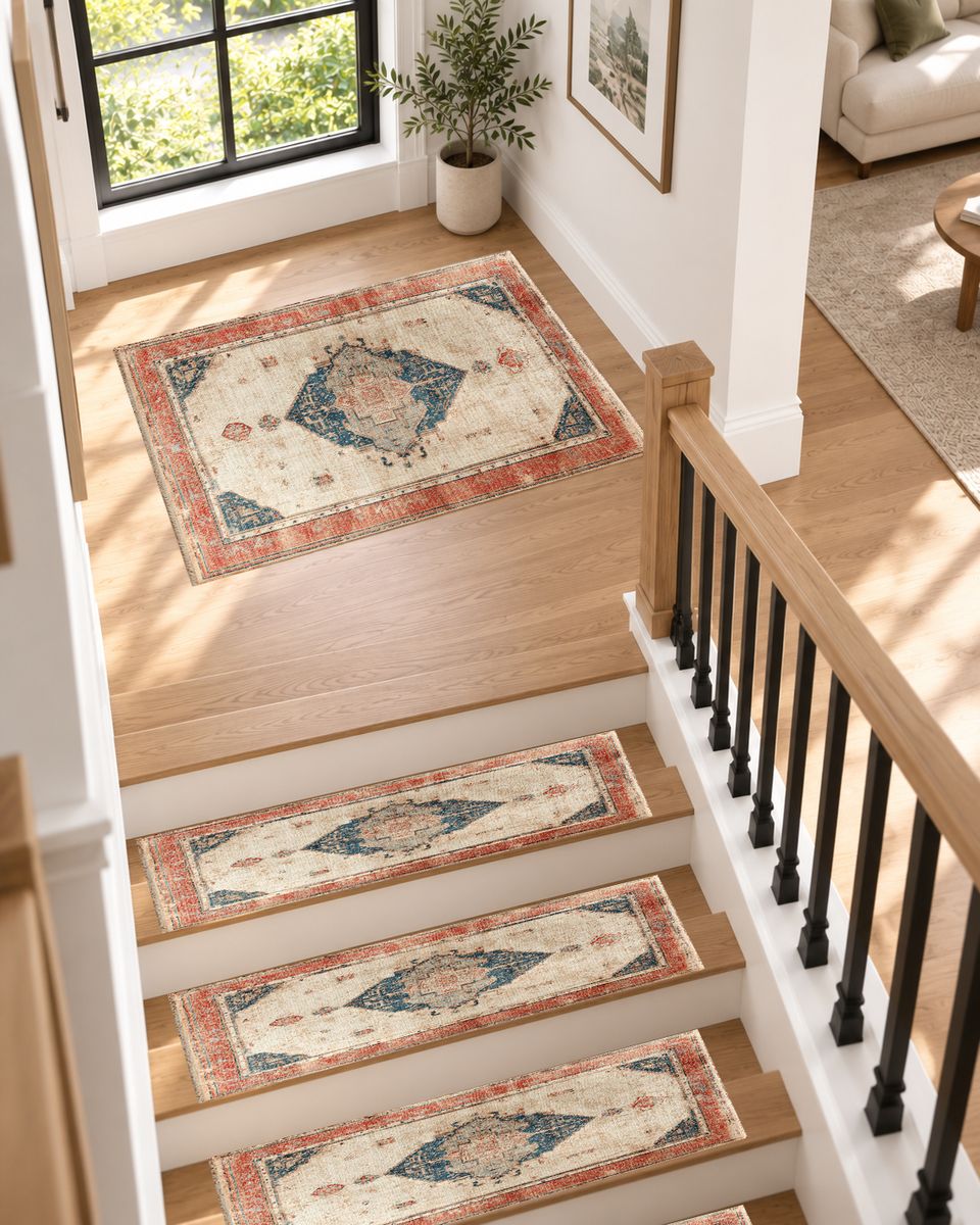 Faded Coral and Blue Vintage Distressed non-slip stair mat