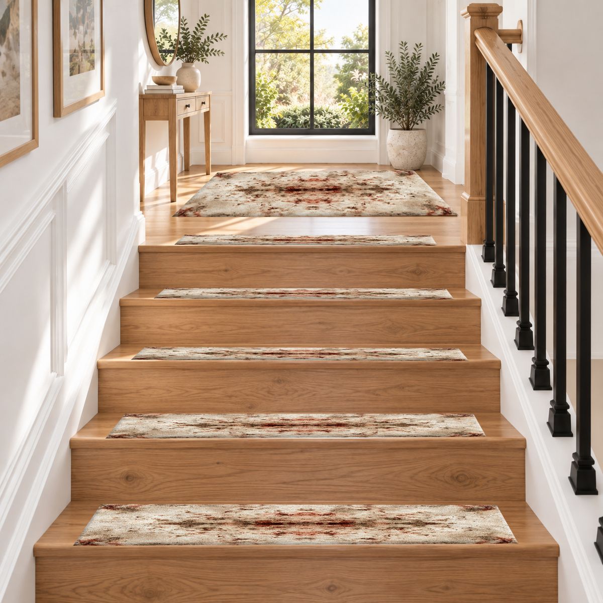 Ivory and Rust Abstract Distressed non-slip stair mat