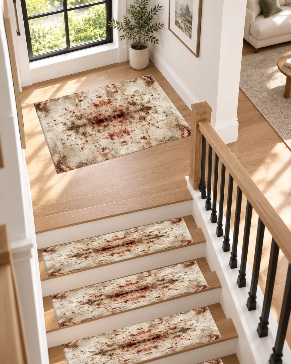 Ivory and Rust Abstract Distressed non-slip stair mat