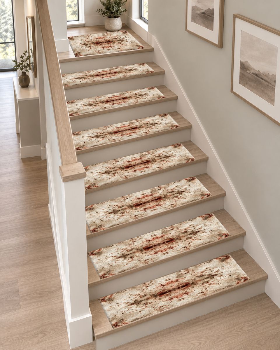 Ivory and Rust Abstract Distressed non-slip stair mat