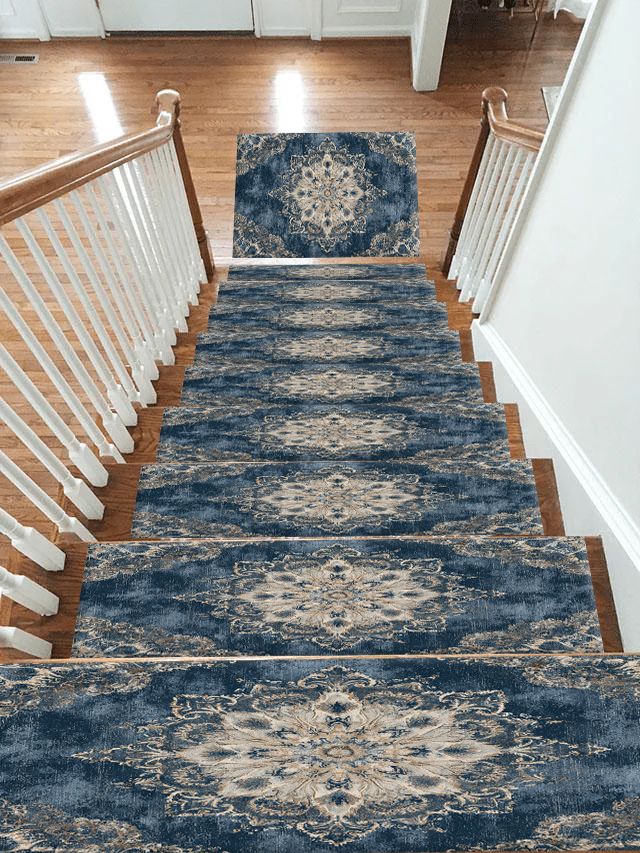 Faded Denim Blue Vintage Medallion non-slip stair mat