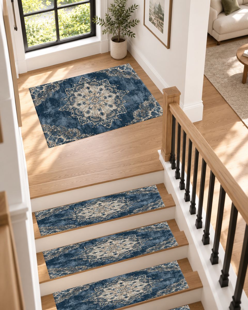 Faded Denim Blue Vintage Medallion non-slip stair mat