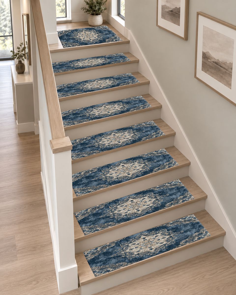 Faded Denim Blue Vintage Medallion non-slip stair mat