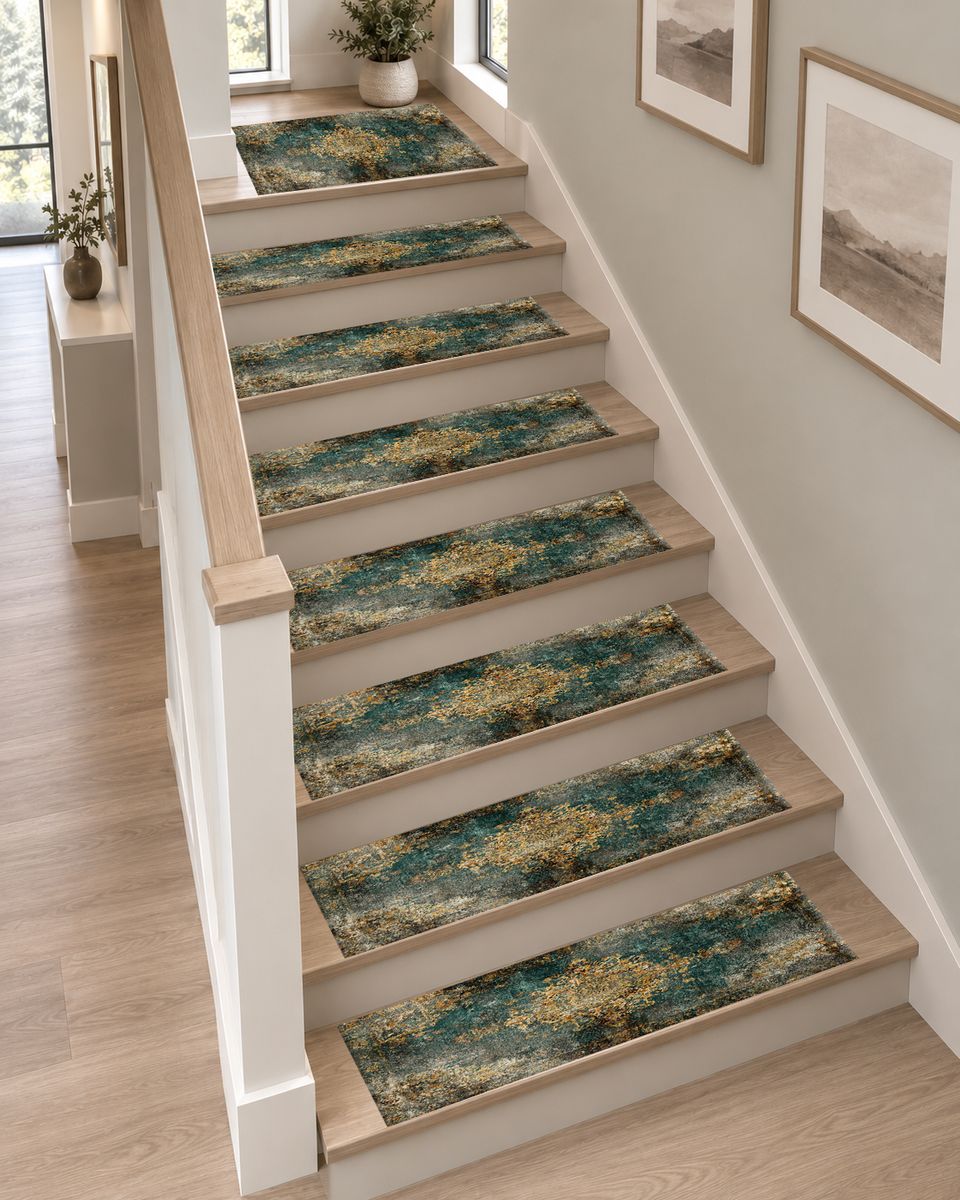 Emerald and Gold Distressed Medallion non-slip stair mat